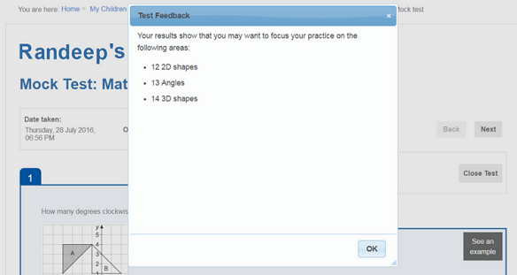 Test feedback for most recent Maths mock test